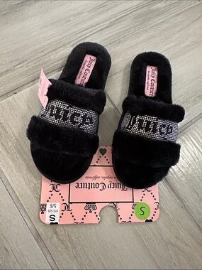 Juicy Couture Black Furry Slide Sandals with Crystal Logo Strap